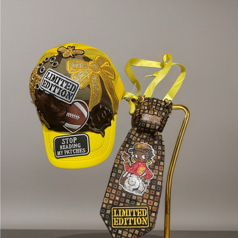 Limited Edition Yellow and Brown Adult Cap and Tie Set